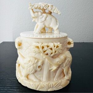Indian Carved Container Box Animal Motifs and Elephant Finial Signed